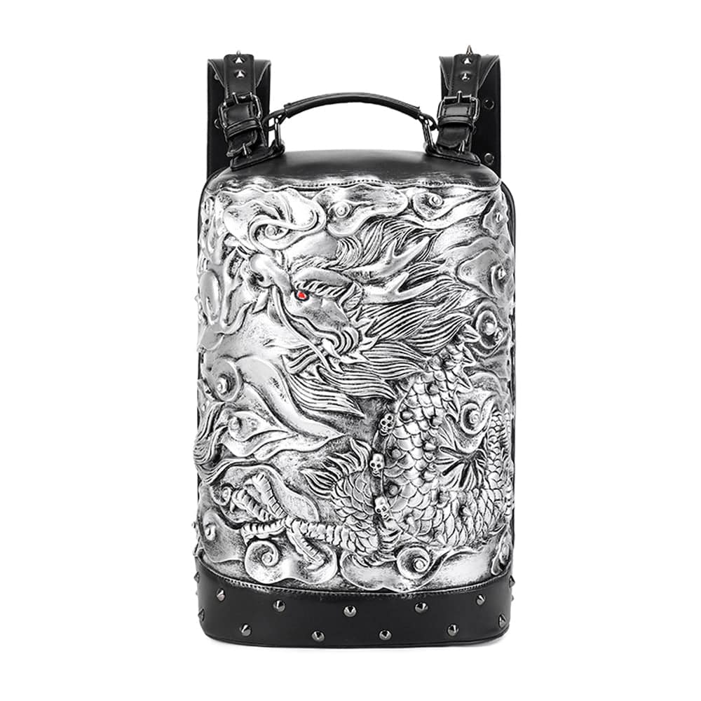 Rossie Viren 3D Double Hovering Dragon messenger backpack with cylindrical design, featuring detailed dragon artwork on the front.