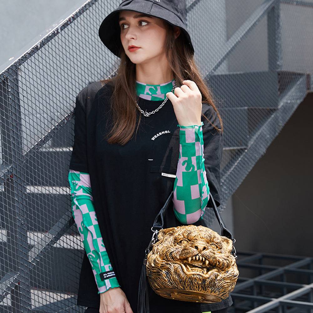 Rossie Viren 3D Happy Small Tiger Head cross body bag with square shape, featuring colorful tiger design and shoulder strap.