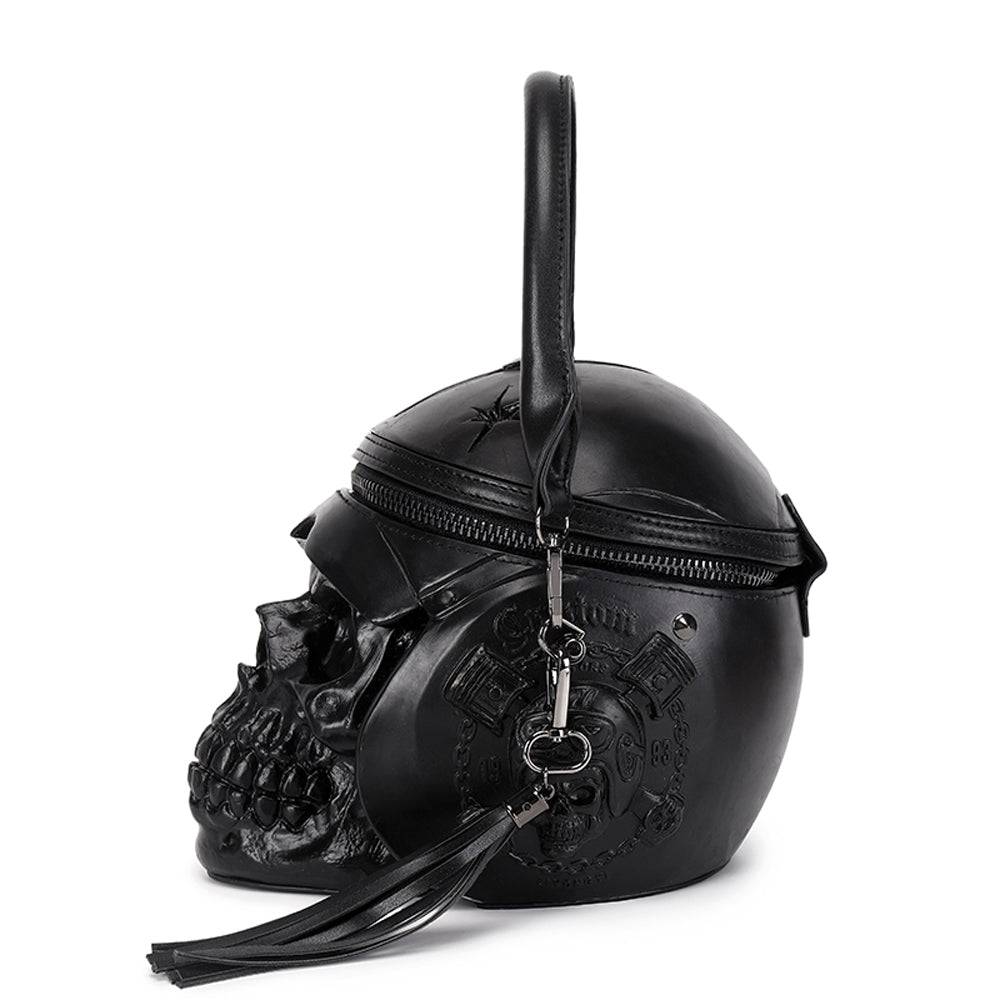 Rossie Viren 3D Skull cross body bag with helmet and earphone design, featuring a handle and shoulder strap, stylish and unique.