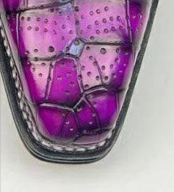 Preorder Rossie Viren vintage hand-painted genuine crocodile leather belt in mauve with detailed texture and classic buckle design.