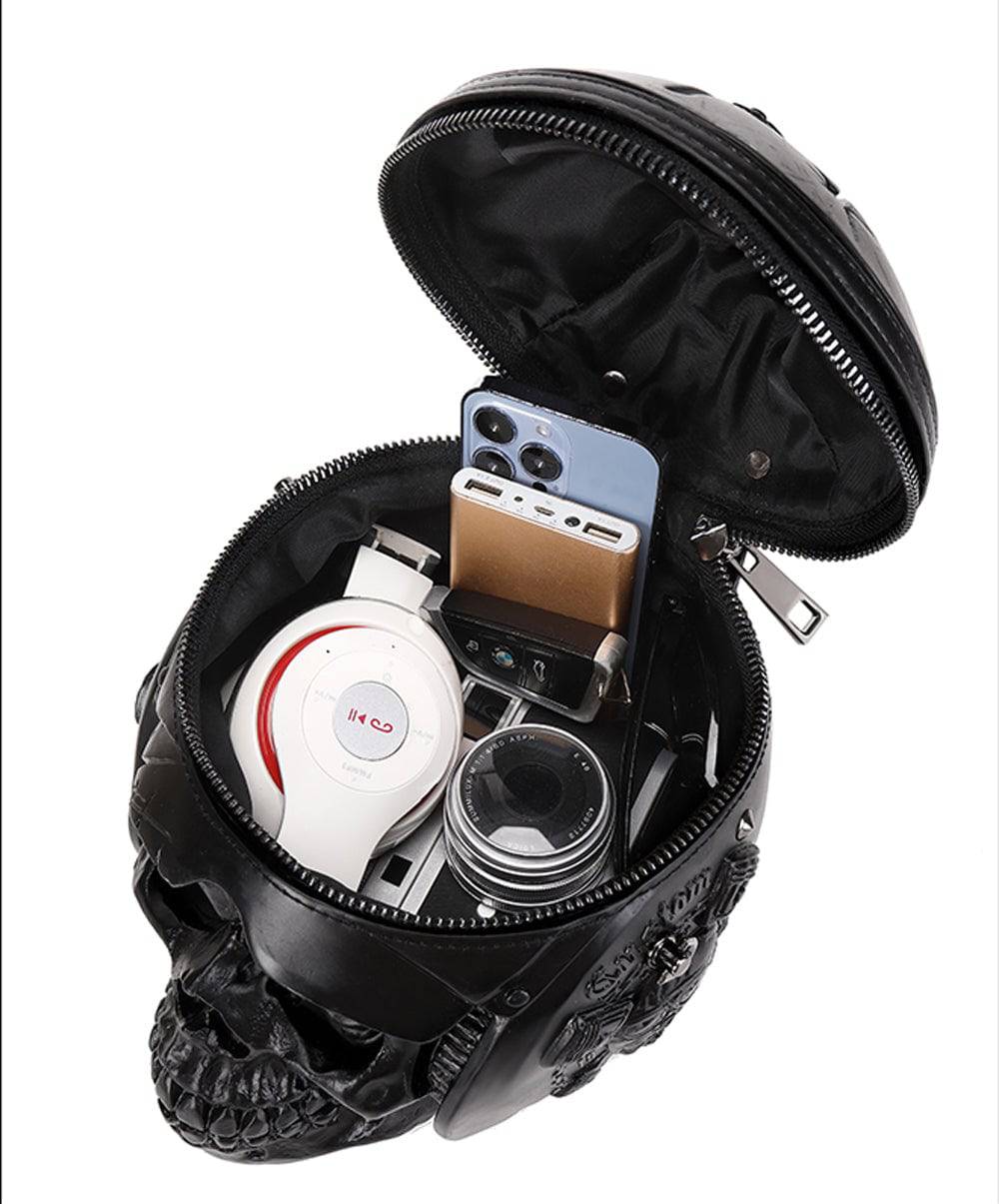 Rossie Viren 3D skull cross body bag with helmet and earphone design, featuring a handle and shoulder strap for stylish carrying.