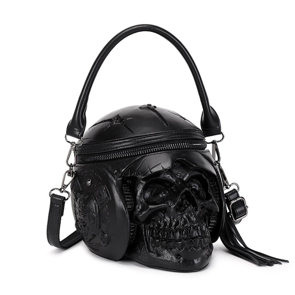 Fashion Rossie Viren 3D Skull cross body bag with helmet and earphone design, featuring a handle and shoulder strap.