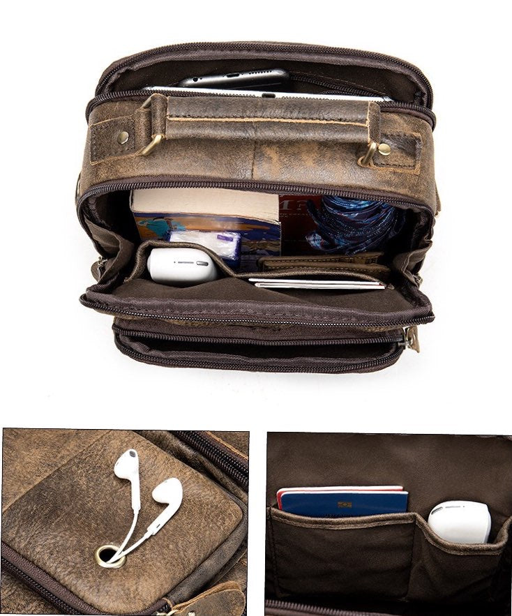 Rossie Viren vintage crossbody handbag with two front pockets, grab handle, and adjustable long shoulder strap.