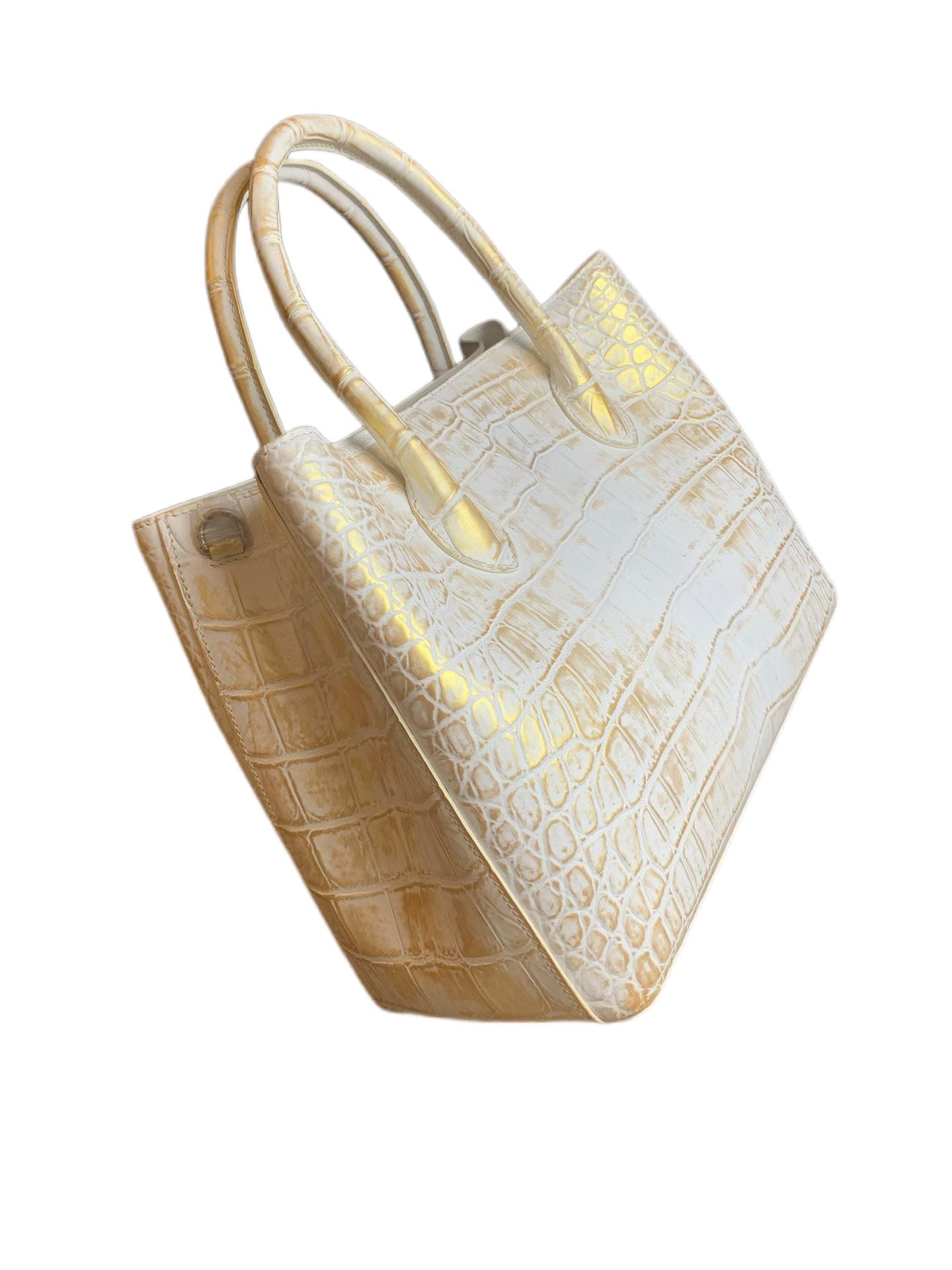 White Genuine Crocodile  Skin Leather Brushed Gold Top Handle Bag For Women