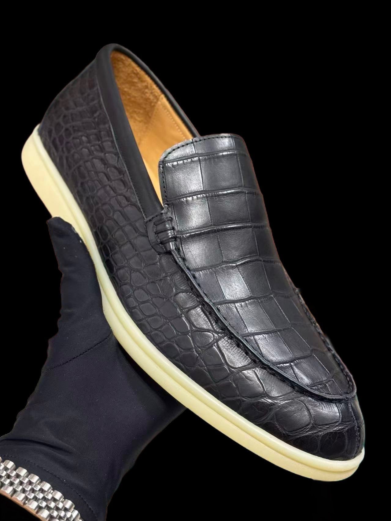 Rossie Viren crocodile leather loafer shoes made from nubuck crocodile leather, featuring a sleek, stylish design.