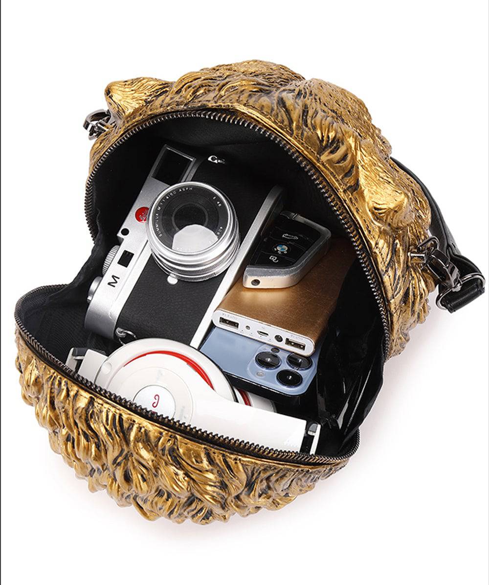 Rossie Viren 3D Tiger Head square cross body bag with handle, featuring a playful, fashion-forward design and vibrant colors.