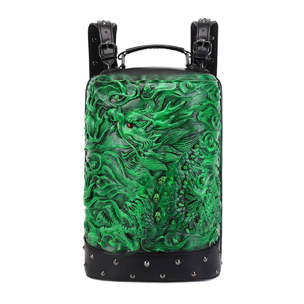 Rossie Viren 3D Double Hovering Dragon messenger backpack with cylinder shape, featuring detailed dragon design on the front.