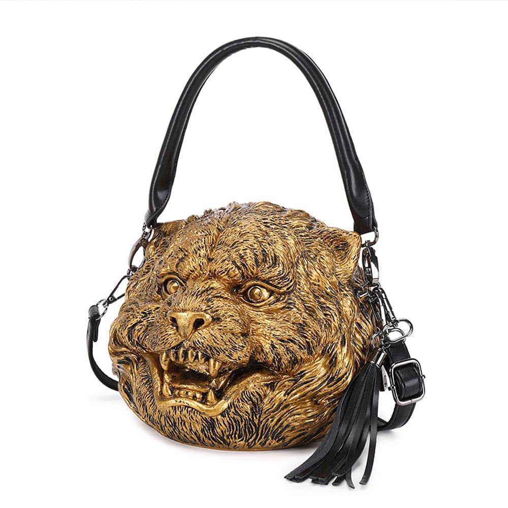 Rossie Viren 3D Happy Tiger cross body bag with square shape and handle, featuring a playful small tiger head design.