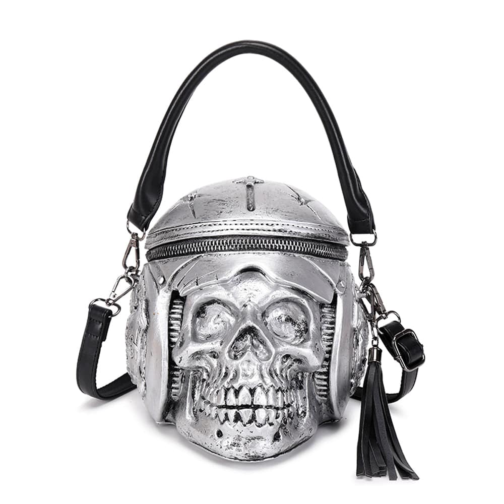 Rossie Viren 3D Skull cross body bag with helmet and earphone design, stylish fashion backpack with handle and shoulder strap