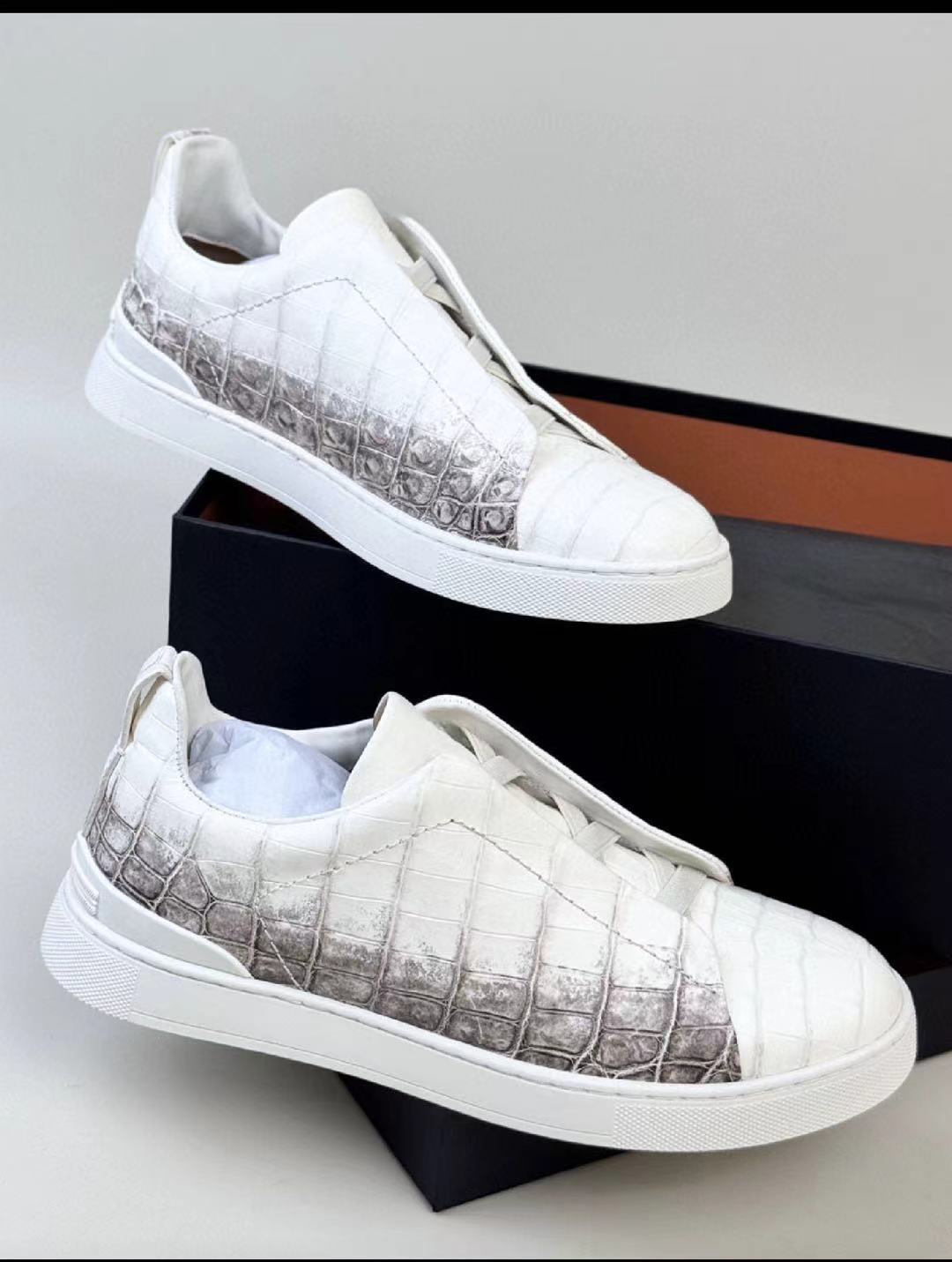 Himalayan white genuine crocodile leather sneakers by Rossie Viren, stylish shoes with textured crocodile pattern and sleek design