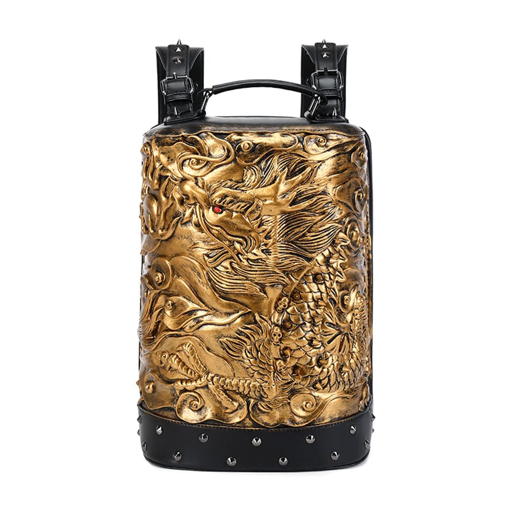 Rossie Viren 3D dragon messenger backpack featuring a double hovering dragon design and cylindrical shape, stylish and eye-catching.