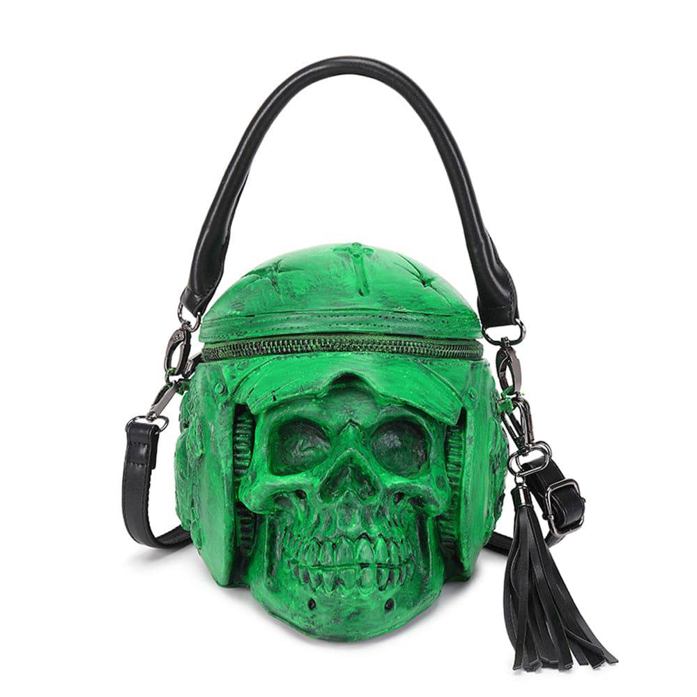 Rossie Viren 3D skull cross body bag with helmet and earphone design, featuring a stylish shoulder strap and handle.