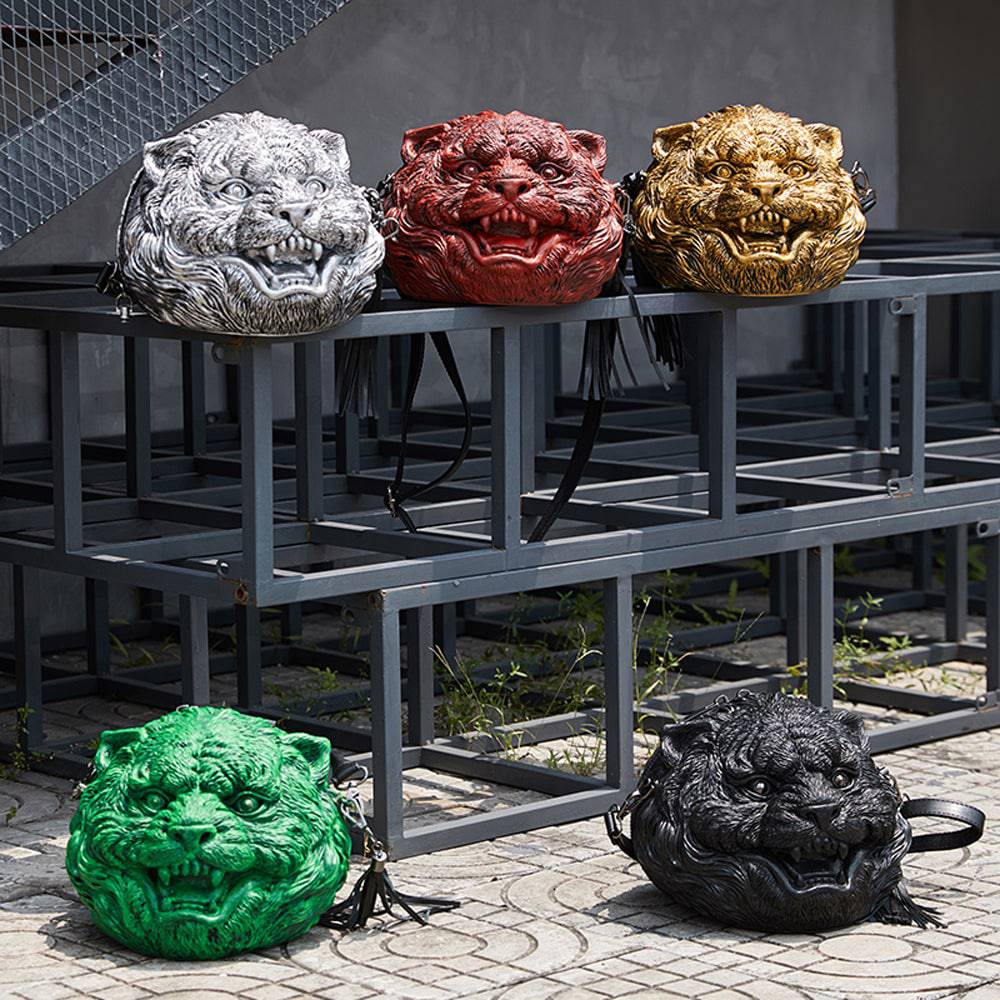 Rossie Viren 3D Happy Tiger SquareBag, small cross body handbag with a colorful tiger head design and shoulder strap.