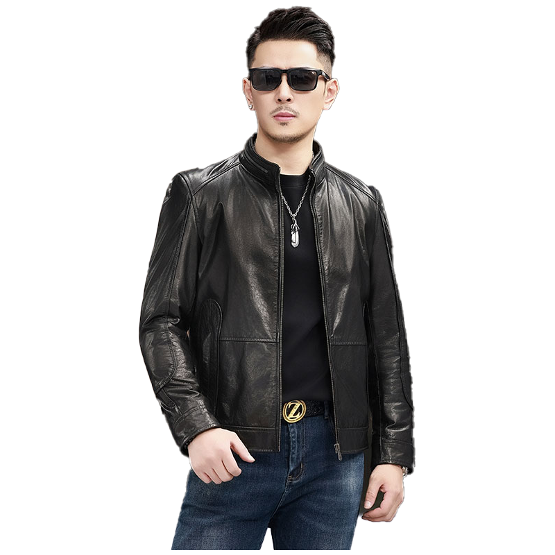 Men's leather jacket with Nehru zip collar, short design from Rossie Viren, showcasing stylish men's fashion outerwear.