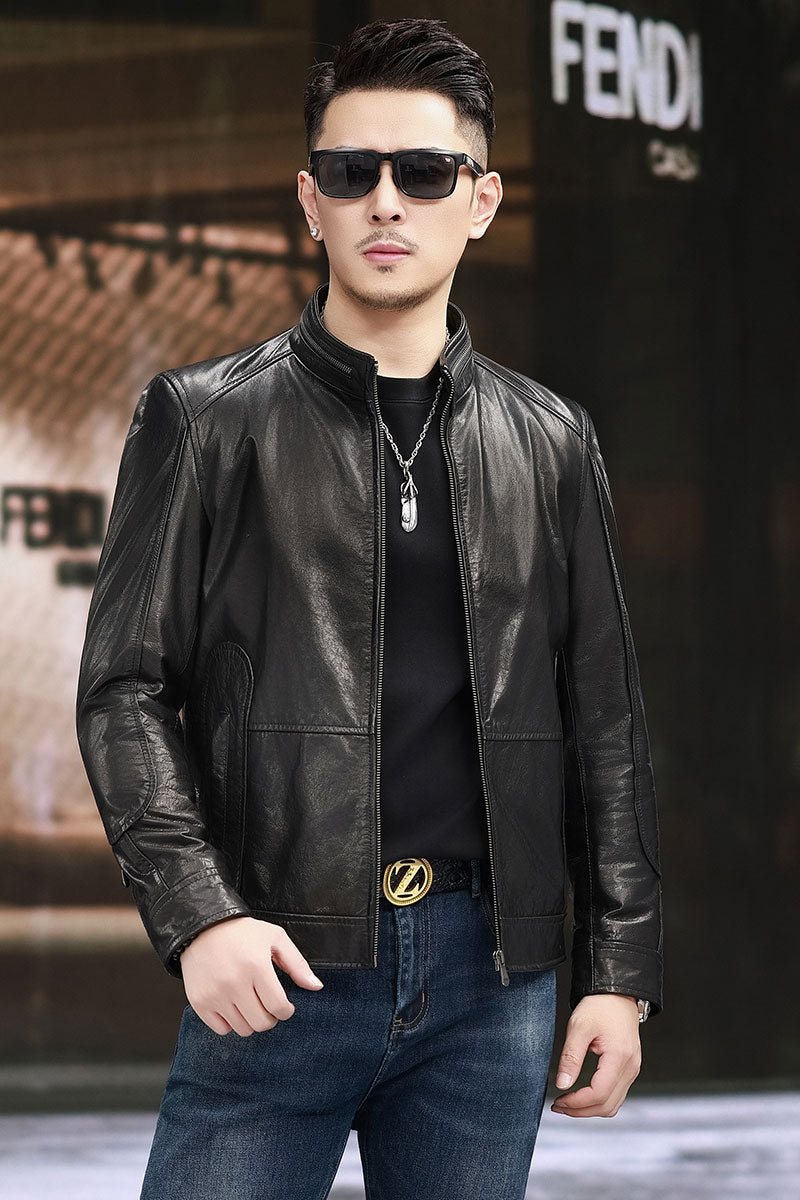 Men's leather jacket with Nehru zip collar, short style by Rossie Viren, showcasing the sleek black leather design.