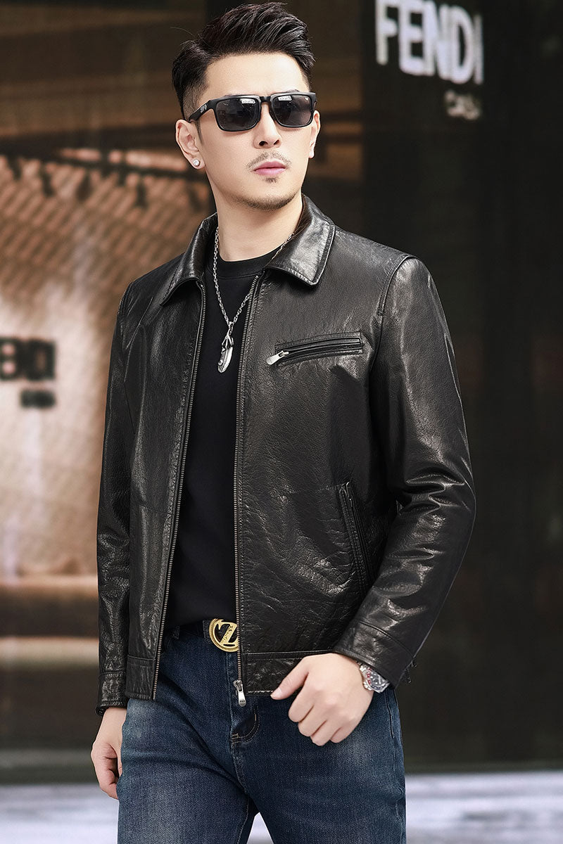 Men's leather motorcycle jacket with turn-down collar, gradient oil waxed cowhide, from Rossie Viren.