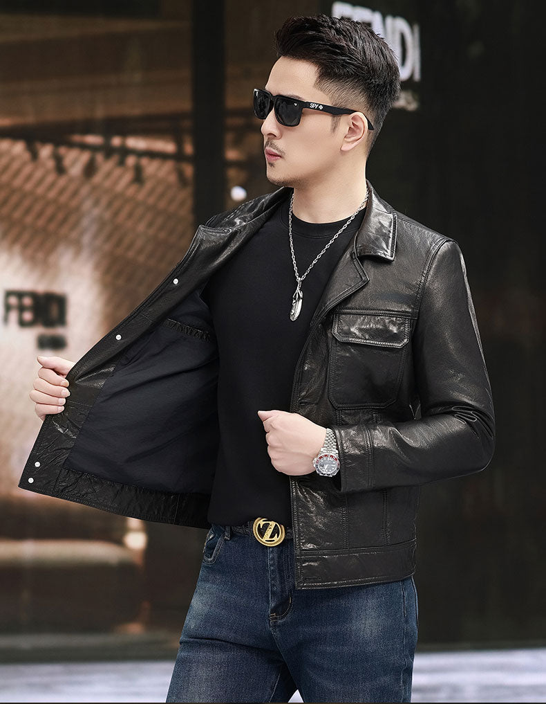 Men's calfskin leather jacket with notch lapel collar and button fastening, by Rossie Viren. Classic and stylish men's jacket.