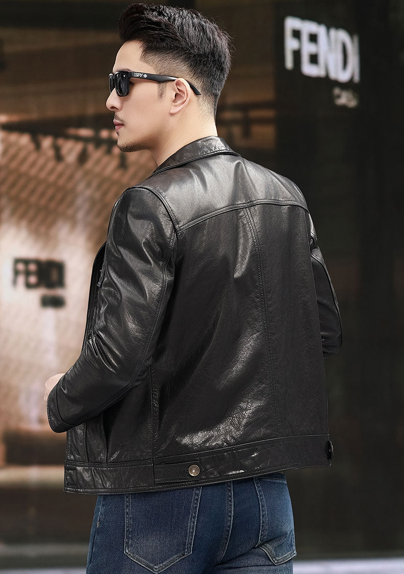 Men's calfskin leather jacket with notch lapel collar and button fastening, by Rossie Viren, shown in black.