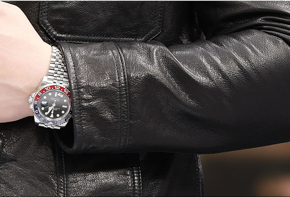 Men's calfskin leather jacket with notch lapel collar and button fastening, stylish Rossie Viren jacket with sleek design.