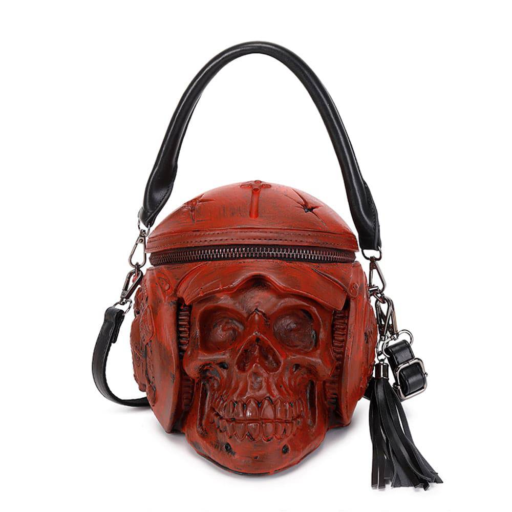 Rossie Viren 3D skull cross body bag with helmet and earphones, featuring a bold, fashion-forward design and adjustable shoulder strap.