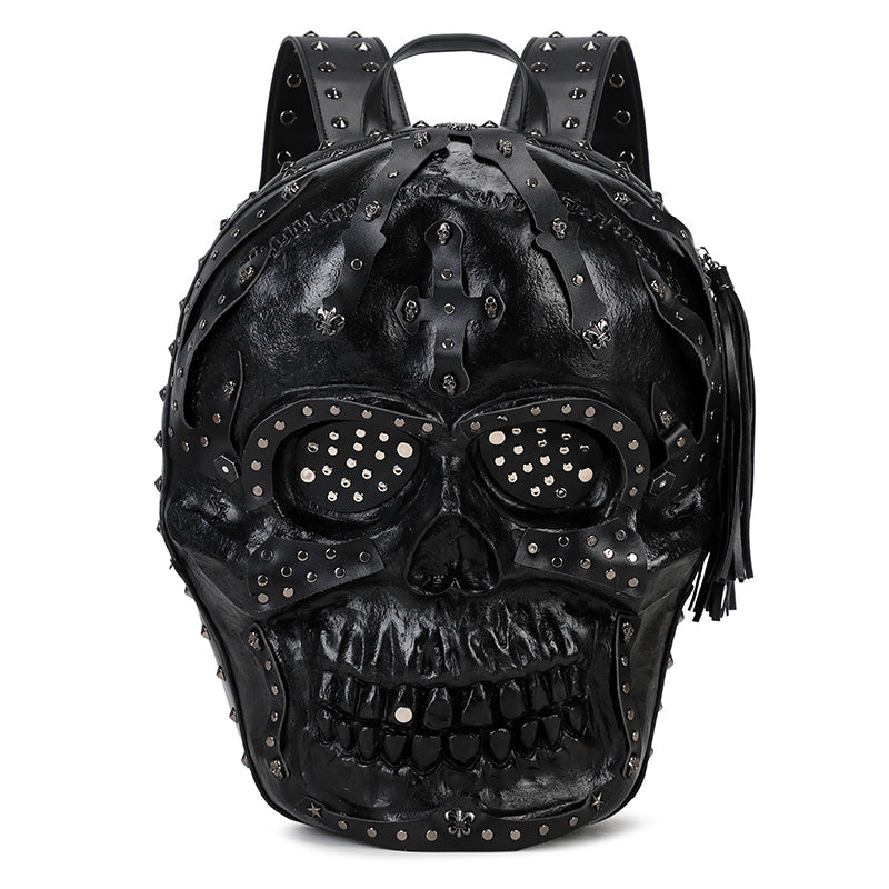 Rossie Viren 3D PU leather skull studded backpack with multiple compartments and adjustable straps for a bold, stylish look.