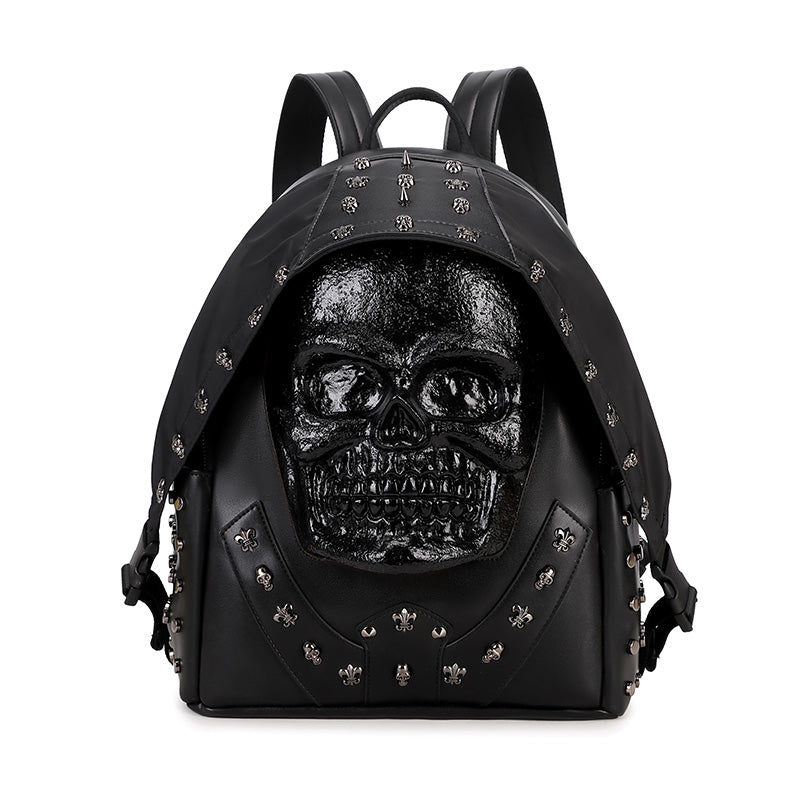 Rossie Viren 3D PU leather backpack with skull studs, featuring a stylish design and padded compartments for laptops and essentials.