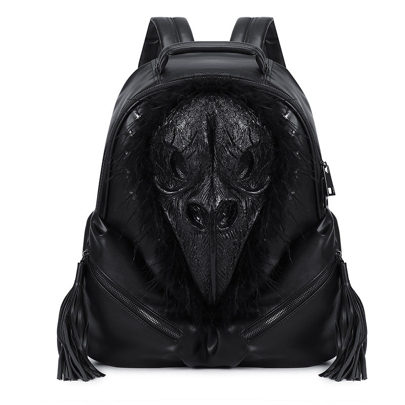 Rossie Viren 3D PU leather backpack featuring a beak skull design with feathers, ideal for stylish computer storage.