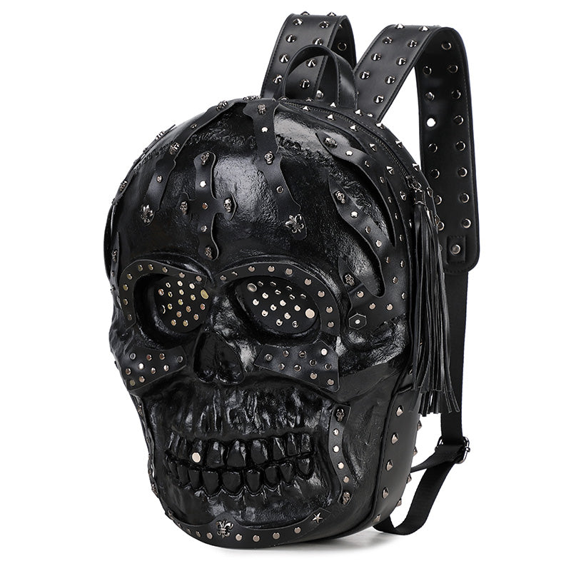 Rossie Viren 3D PU leather skull studded backpack with bold design and adjustable straps, ideal for fashion-forward casual wear.