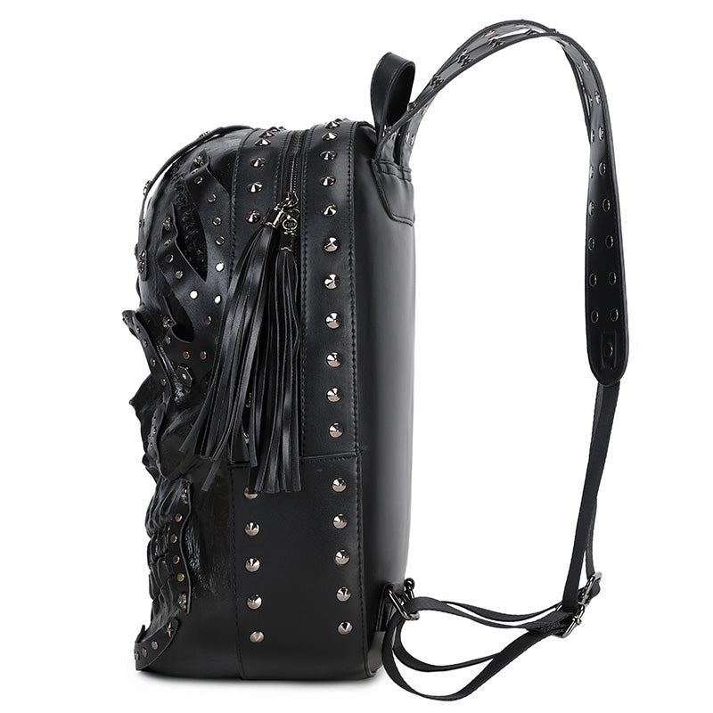 Rossie Viren 3D PU leather skull studded backpack with detailed 3D design and adjustable straps, perfect for fashion-forward use.
