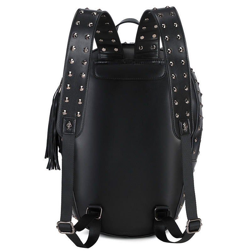 Rossie Viren 3D PU leather skull studded backpack with multiple compartments and adjustable straps, featuring a bold, edgy design.
