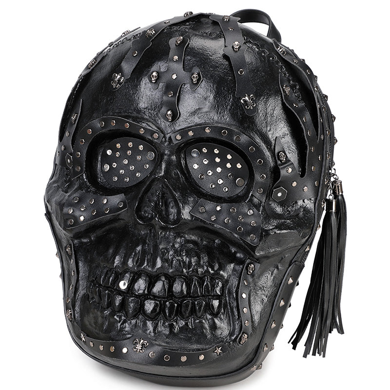 Rossie Viren 3D PU leather skull studded backpack with bold design and multiple compartments, ideal for fashion-forward style.