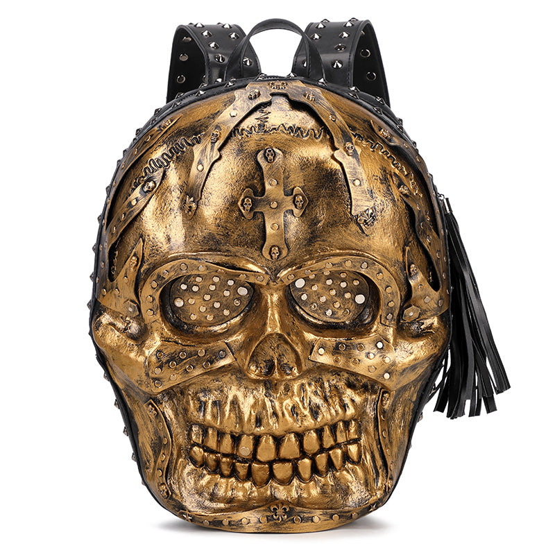Rossie Viren 3D PU Leather Skull Studded Backpack featuring a bold skull design and multiple compartments.