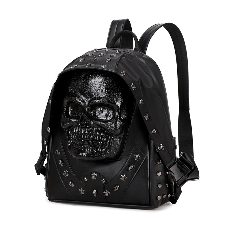 Rossie Viren 3D PU leather skull studded backpack featuring a bold design with multiple compartments and adjustable straps.