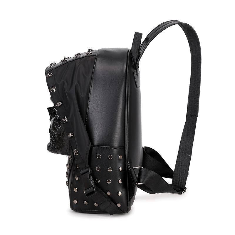 Rossie Viren 3D PU leather skull studded backpack with multiple compartments, featuring a modern design and adjustable straps.