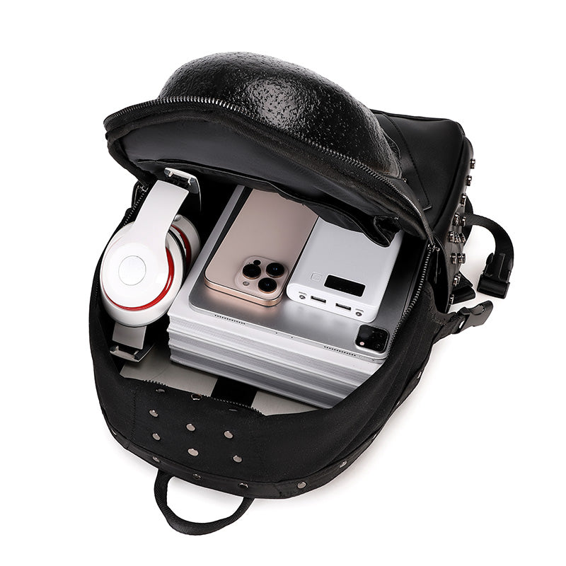 Rossie Viren 3D PU leather skull studded backpack with multiple compartments and padded straps for stylish, functional carry.