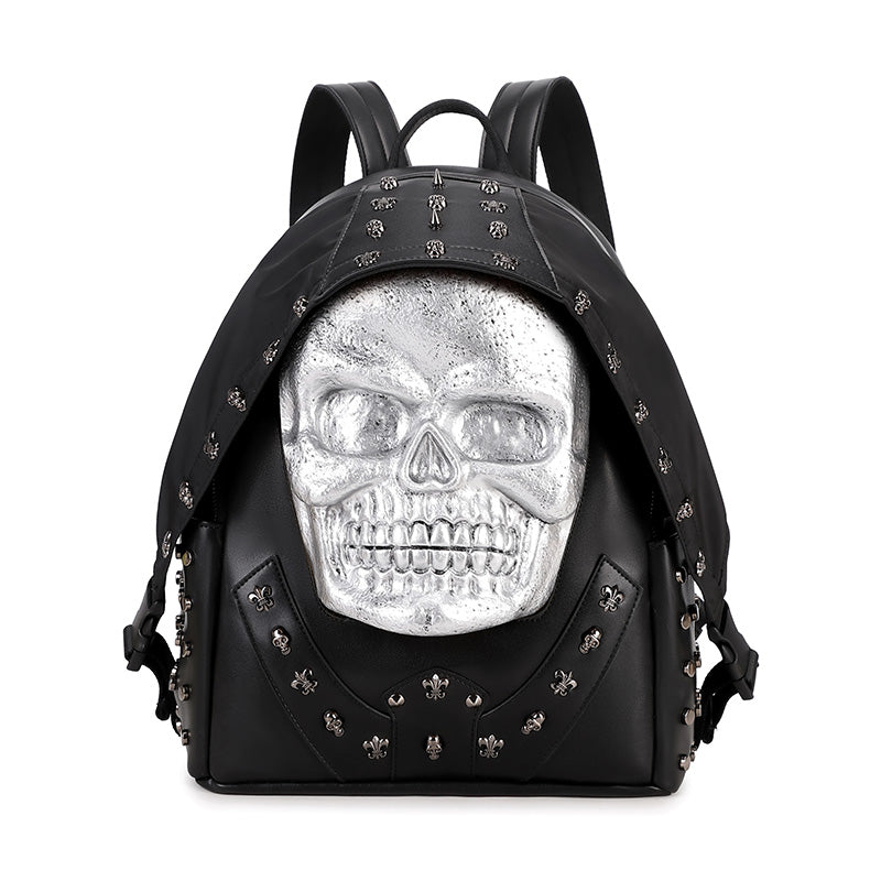 Rossie Viren 3D PU leather skull backpack with studded details, featuring a spacious computer compartment and stylish design.