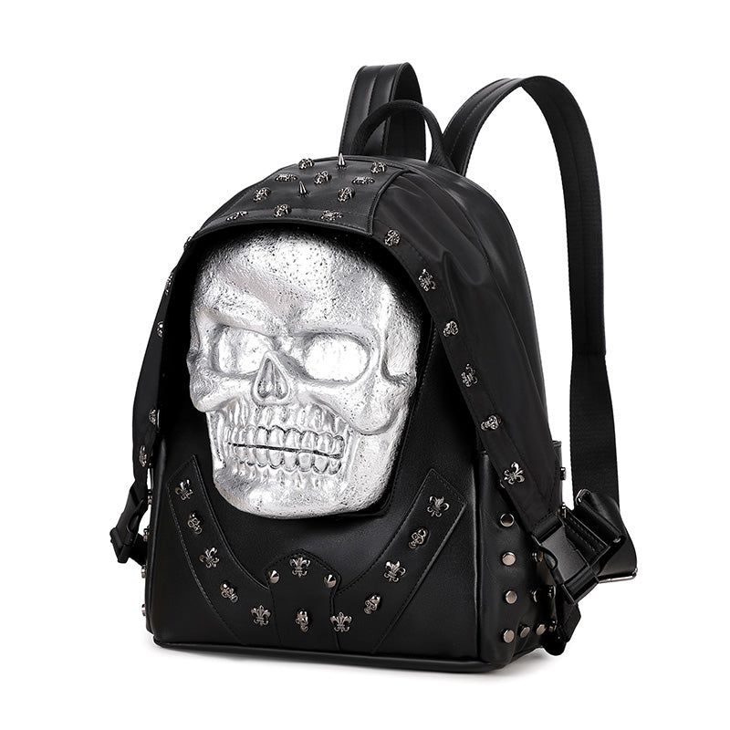 Rossie Viren 3D PU leather backpack with skull studs, featuring a stylish computer bag design and detailed 3D skull accents.