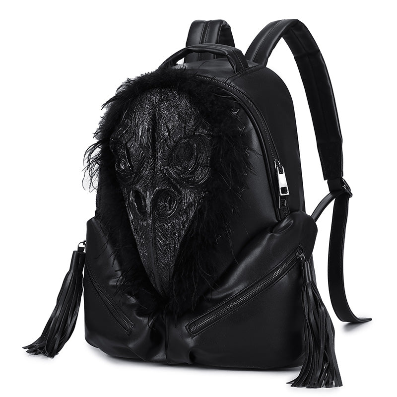 Rossie Viren 3D PU leather backpack featuring a beak skull design with feathers for a unique, eye-catching look.