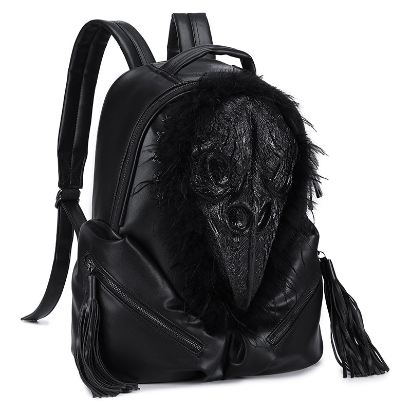 Rossie Viren 3D PU leather backpack featuring a beak skull design with feather accents, ideal for students and travelers.