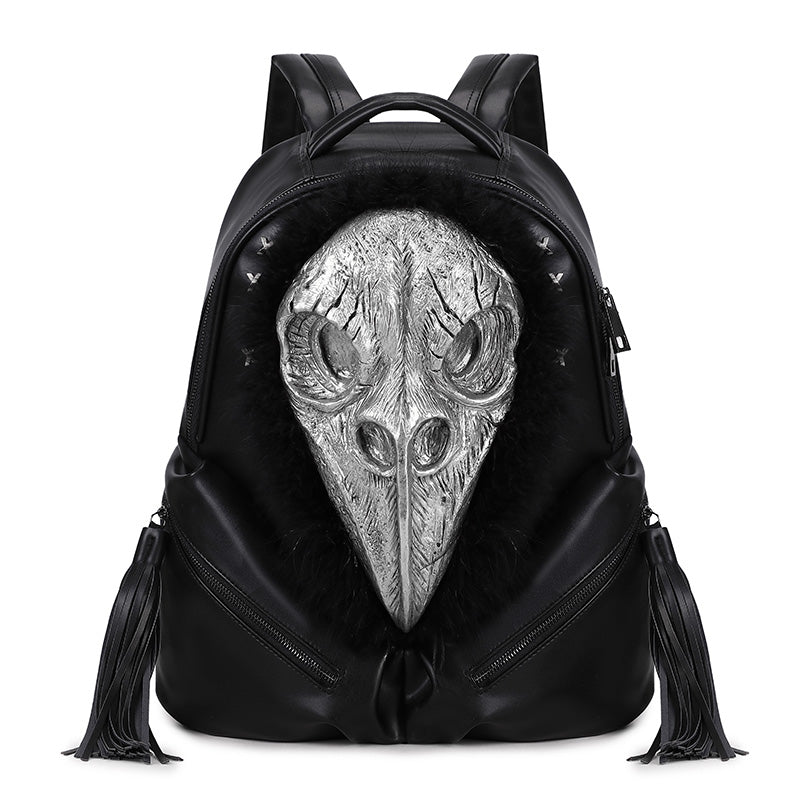 Rossie Viren 3D PU leather backpack featuring a beak skull design with feather details, perfect for stylish everyday use.