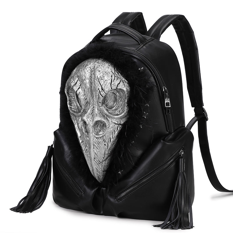 Rossie Viren 3D PU leather backpack featuring a beak skull design with feather accents, ideal for stylish everyday use.