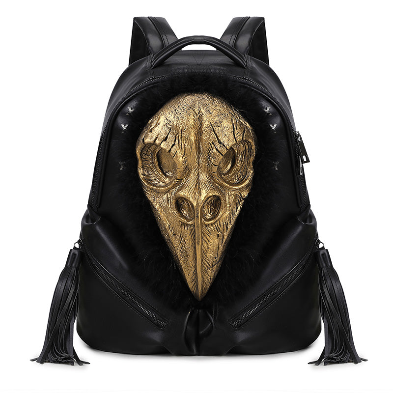 Rossie Viren 3D PU leather backpack featuring a beak skull design with feather accents, ideal for stylish computer carrying.