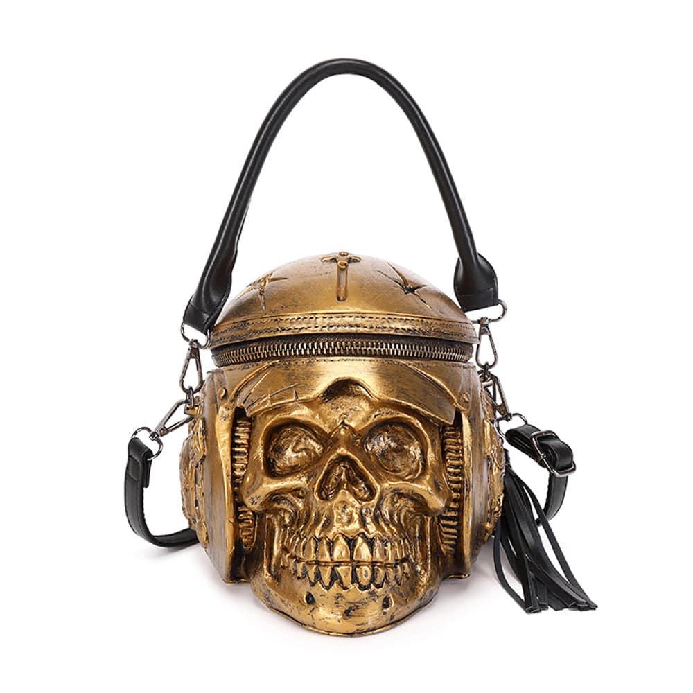 Rossie Viren 3D Skull cross body bag with helmet and earphone design, featuring a handle and shoulder strap.