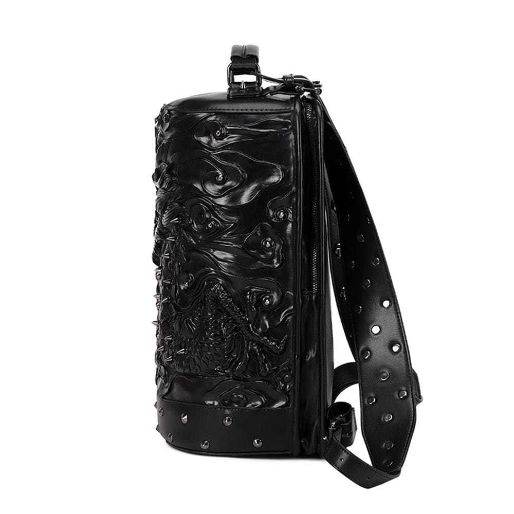 Rossie Viren 3D double hovering dragon messenger backpack with cylindrical design, featuring vibrant dragon artwork on the bag's front.