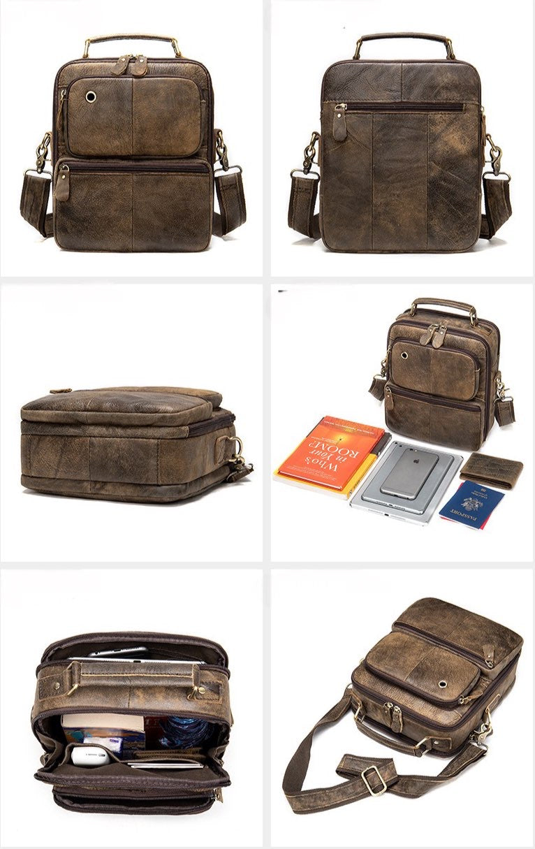 Rossie Viren vintage crossbody handbag with two front pockets, grab handle, and long shoulder strap, stylish and functional.