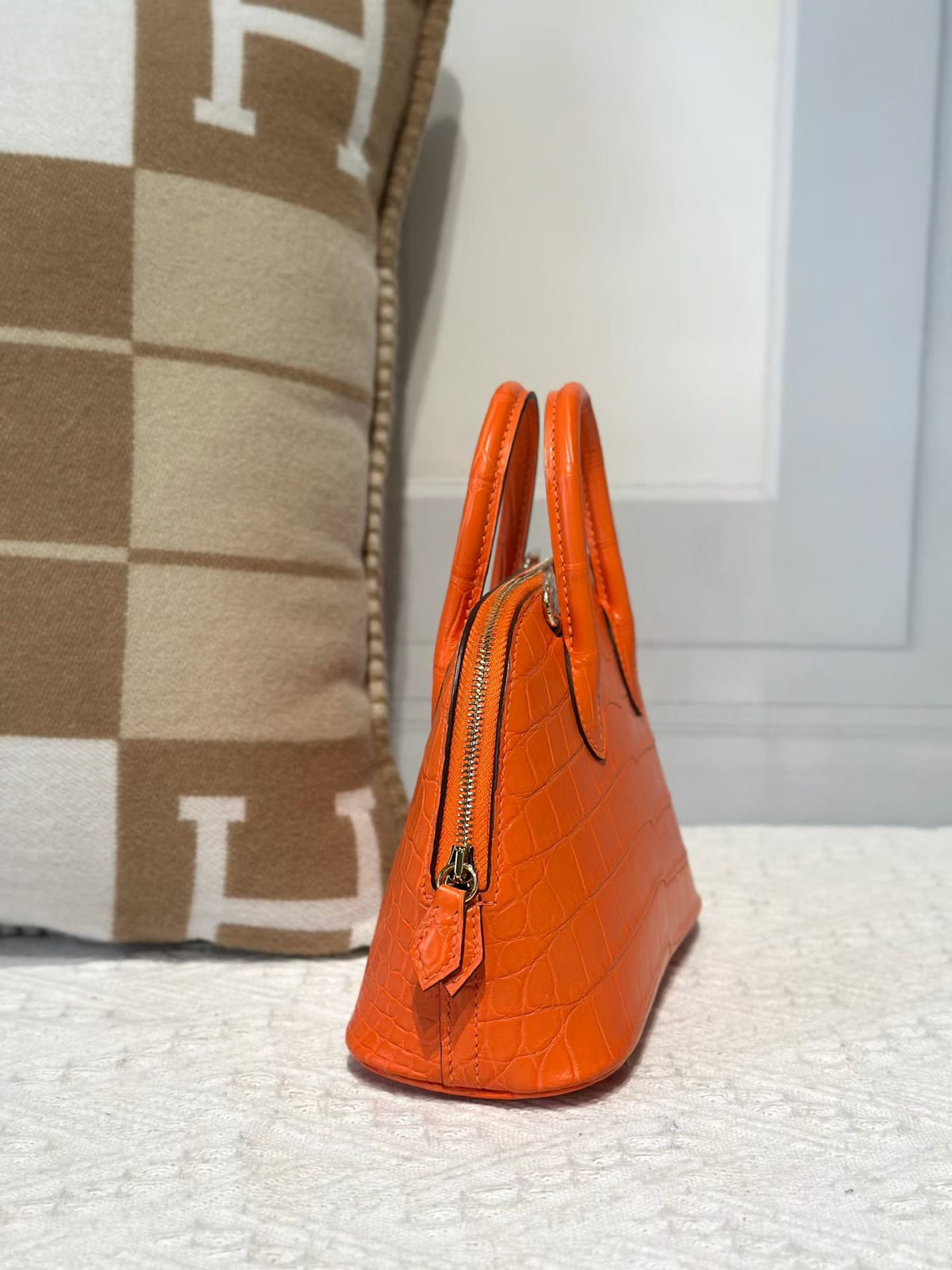 Genuine Crocodile Leather Mini Bowling Top Handle Bag Orange