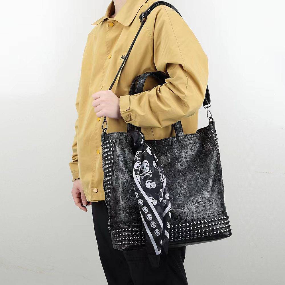 Rossie Viren 3D large shopper bag with studded embossed skull design, small pouch, and matching scarf, stylish and spacious.