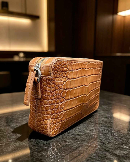 Genuine Crocodile Skin Leather Shoulder Chest Cross Body Clutch Bag  Tan