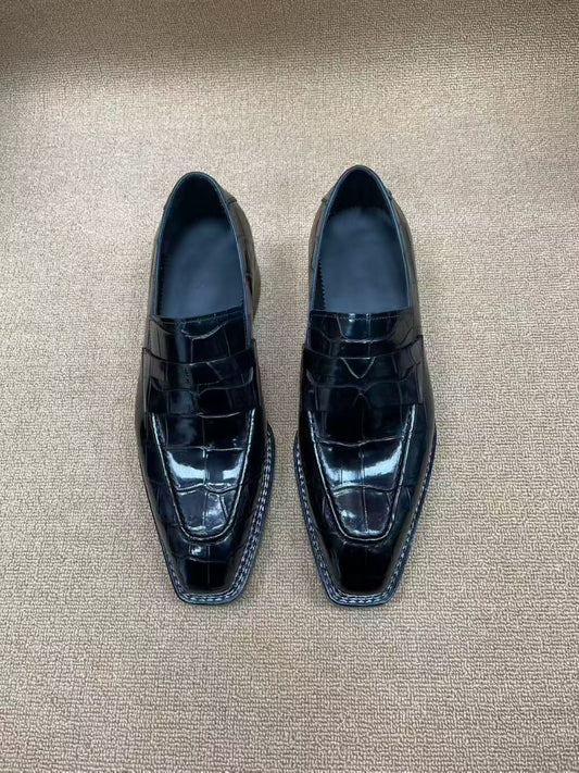Crocodile Shoes  Black  Crocodile Leather Norwegian Sewn Dress Loafer Shoes