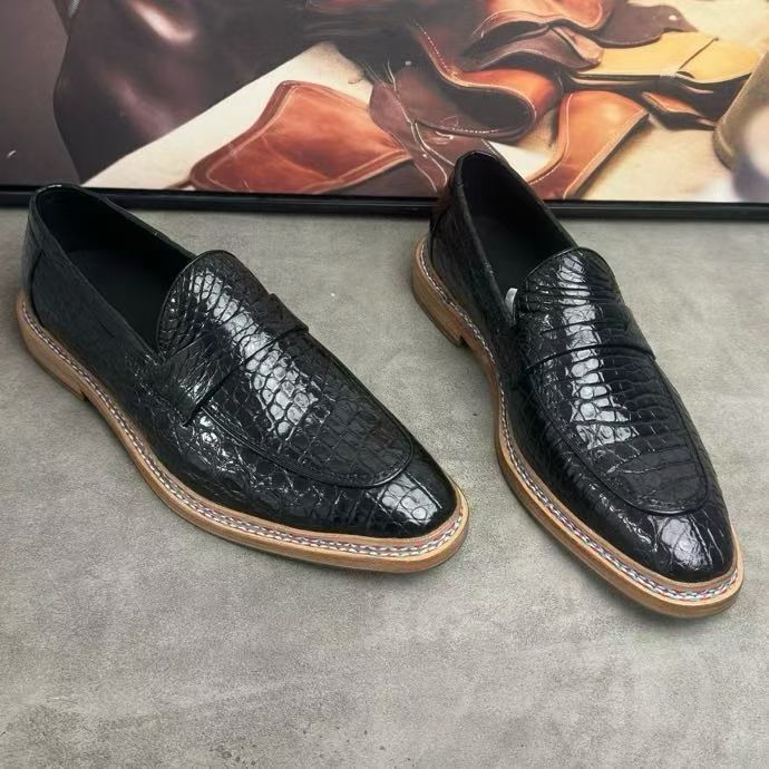 Crocodile Shoes, Men's Crocodile Leather Slip-On Loafer Shoes Black